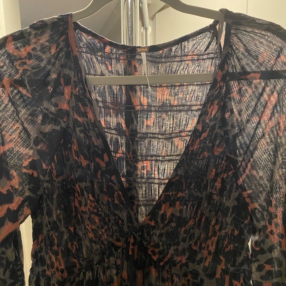 Free People Black and Brown Animal Print V-Neck Long Sleeve Dress - Picture 4 of 9
